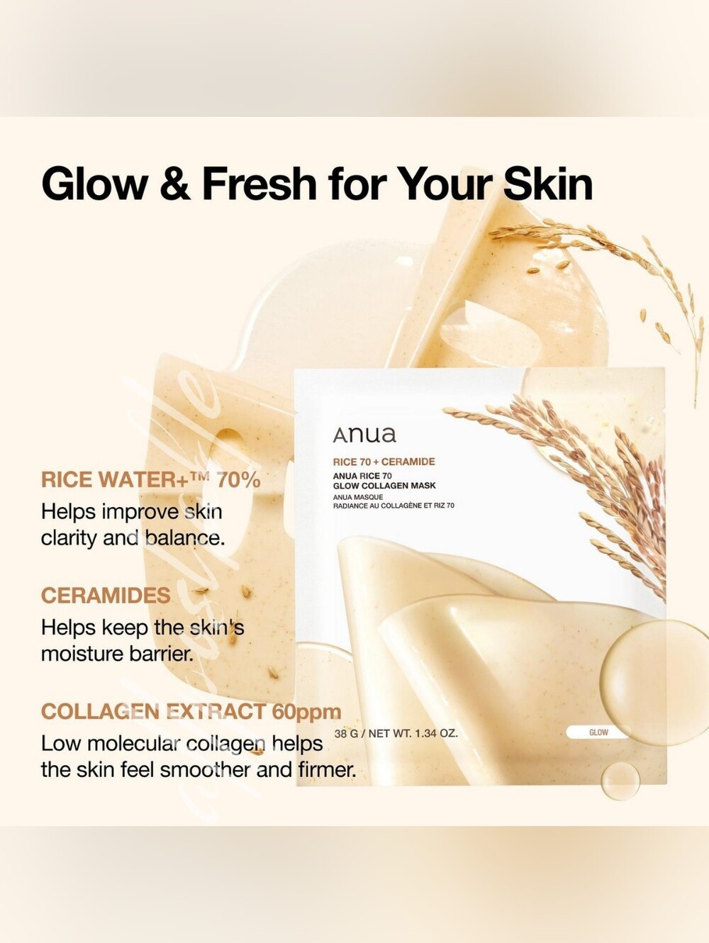 ❗️ONLY ONE❗️ Anua Rice 70 Glow Collagen Mask - 4 Pk